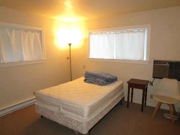 a bedroom with a bed and a window