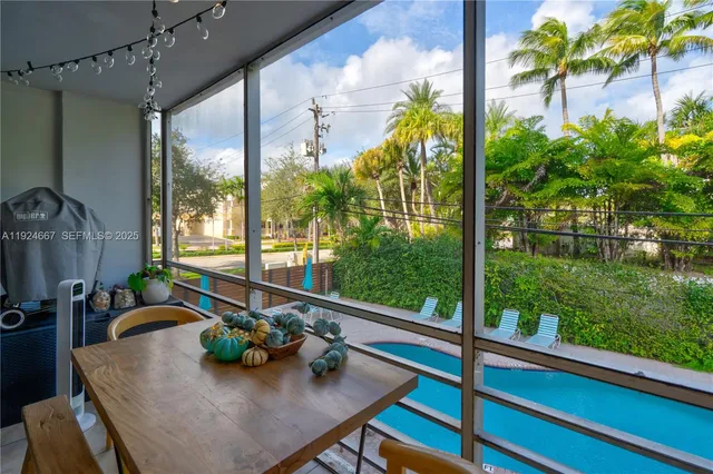 a view of a dining room with furniture window and outside view