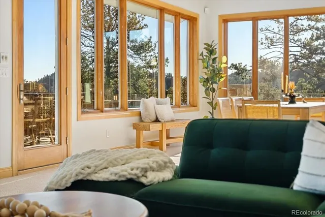 a view of a balcony with chairs