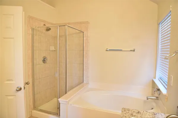 a bathroom with a bathtub and a shower