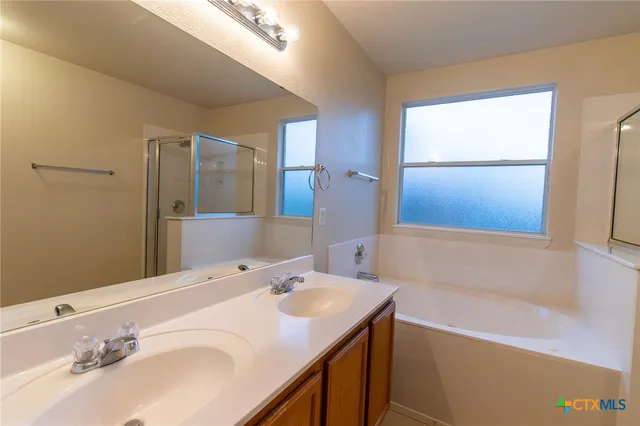 a bathroom with a bathtub and a sink