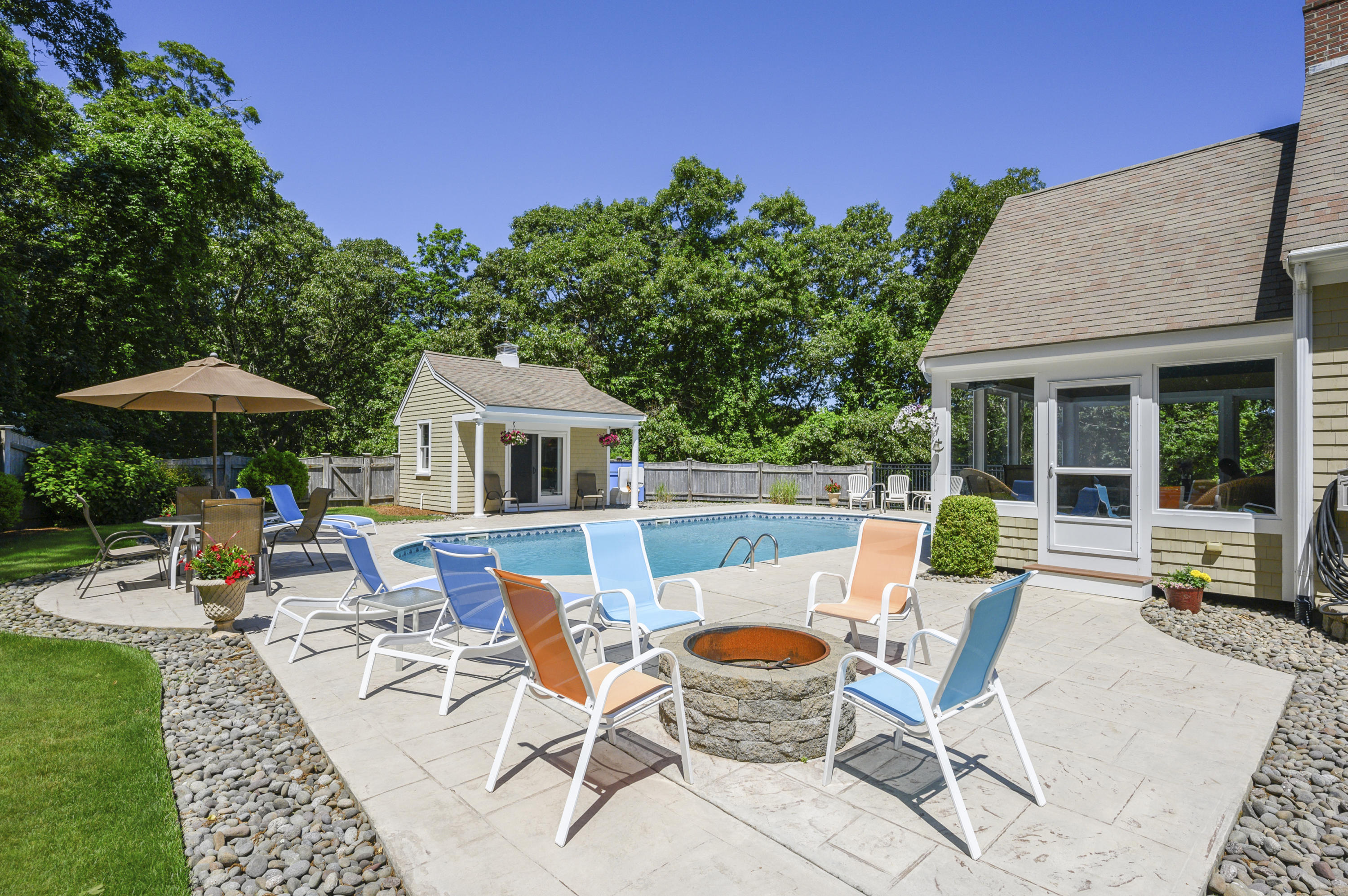 80 Crocker Road West Barnstable, MA 02668 - Photo 4 of 35 a view of a house with backyard sitting area and swimming pool