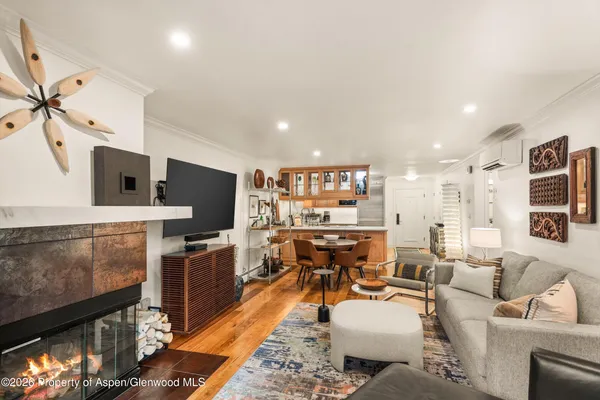 a living room with fireplace furniture and a flat screen tv