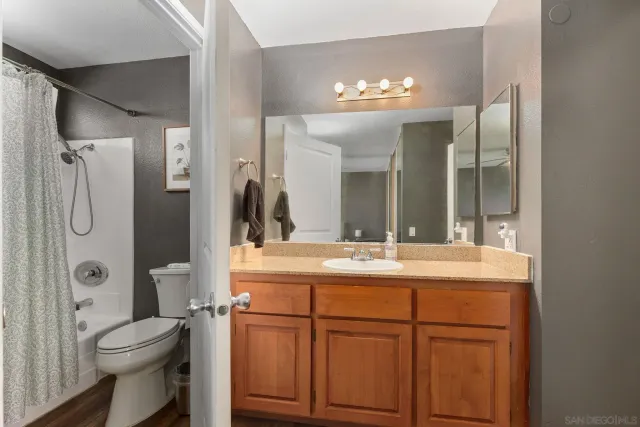 a bathroom with a sink a toilet and a large mirror