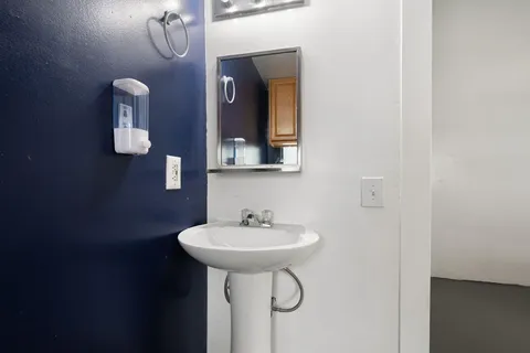 a bathroom with a sink and a mirror