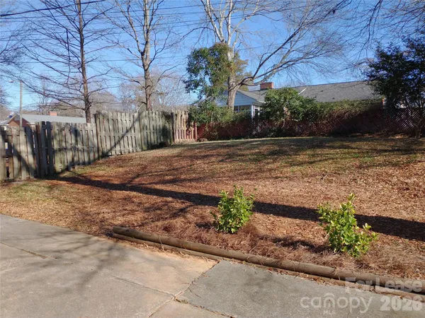 a view of a yard with plants and trees