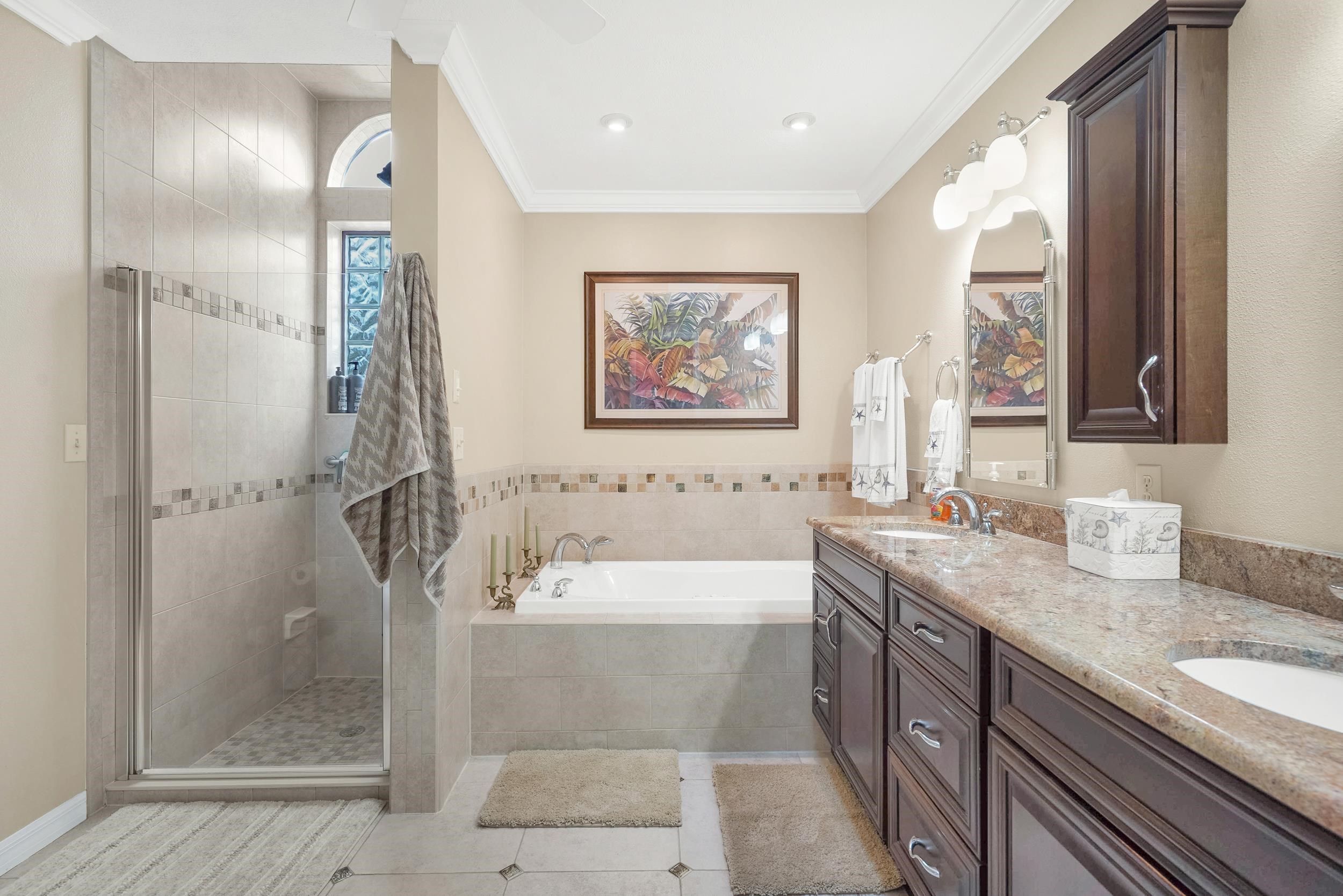 4 Calusa Court Palm Coast, FL 32137 - Photo 21 of 51 a bathroom with a granite countertop sink a large mirror a bathtub and next to a window