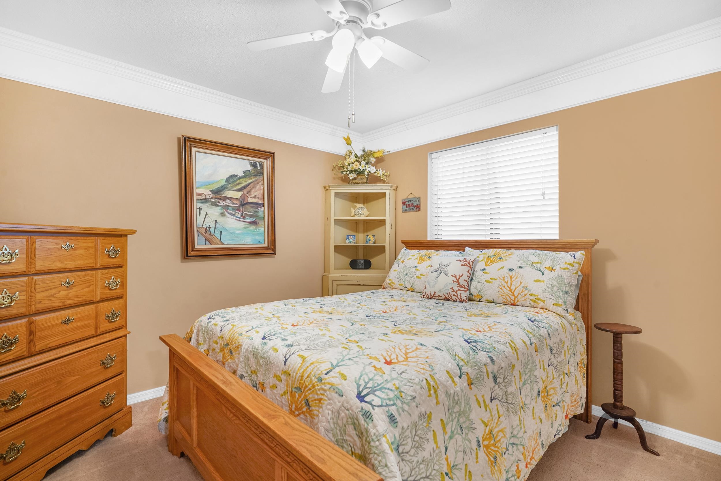 4 Calusa Court Palm Coast, FL 32137 - Photo 26 of 51 Bedroom with light carpet, crown molding, and ceiling fan