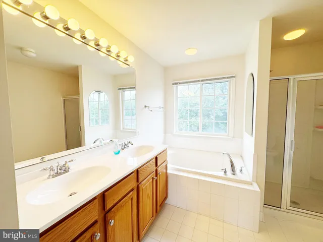 a bathroom with a tub sink and mirror