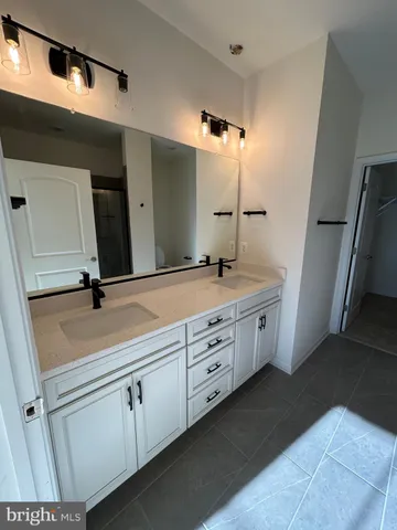 a bathroom with a double vanity sink a mirror and shower