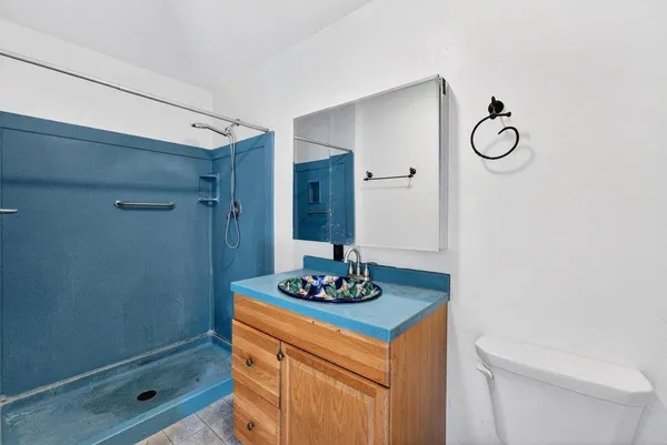 a bathroom with a granite countertop sink a toilet and shower