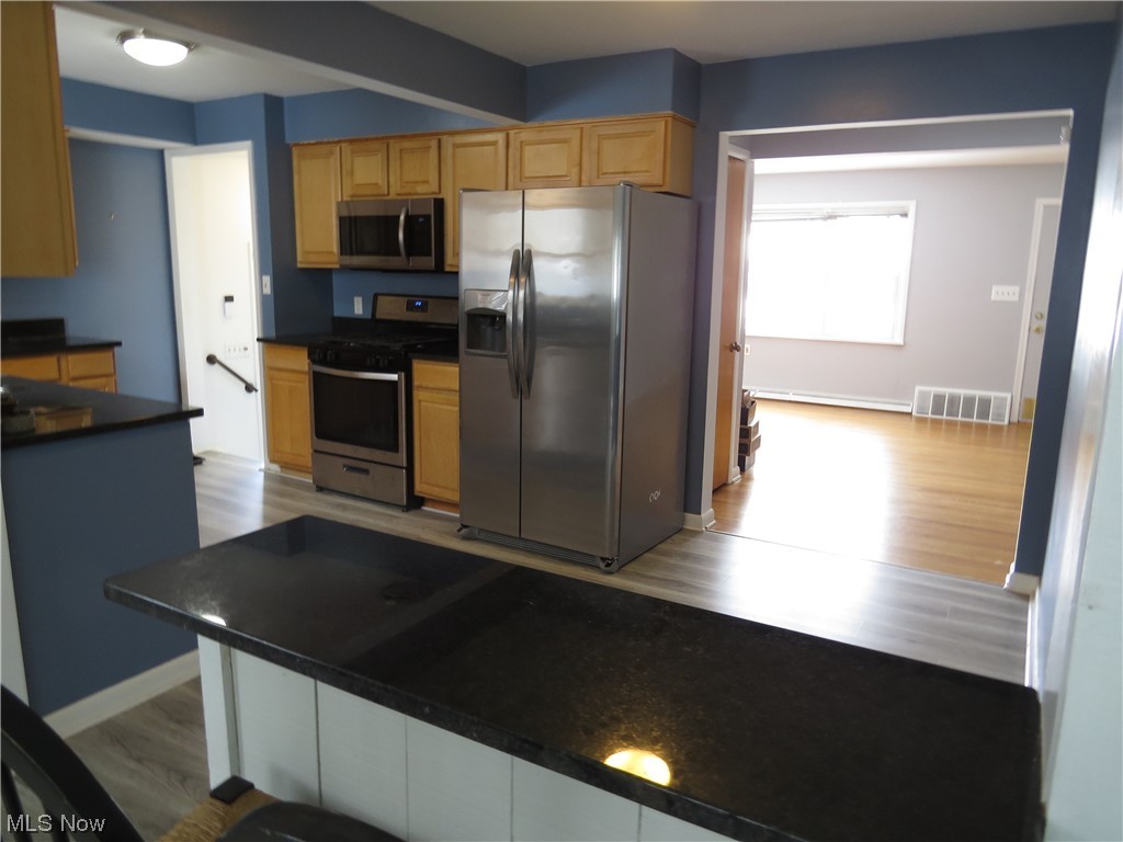 641 Schocalog Road Akron, OH 44320 - Photo 12 of 33 Kitchen with granite counters, vinyl flooring and stainless steel appliances