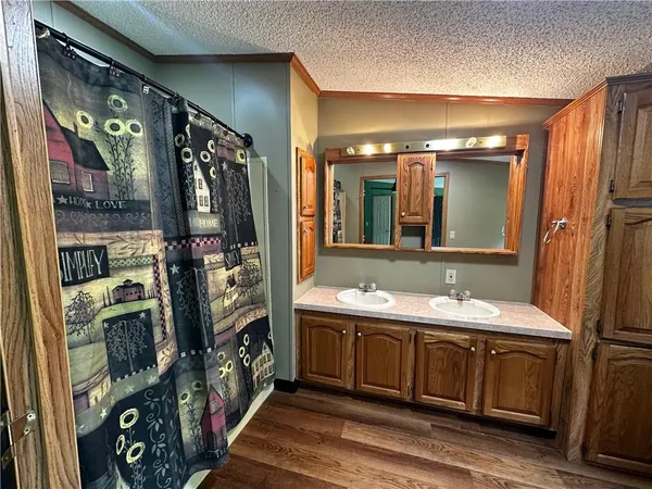 a bathroom with double vanity and a mirror