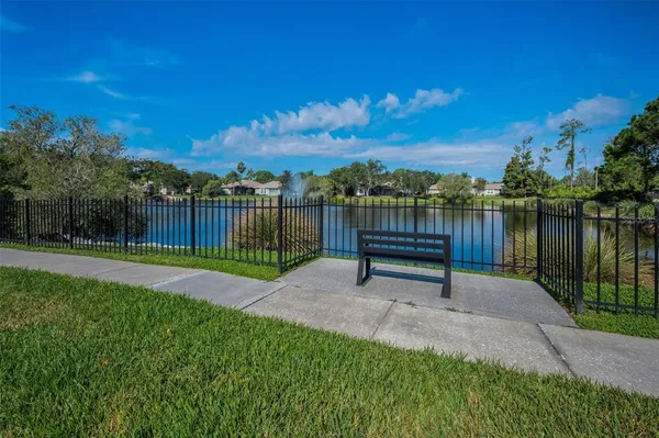 a view of a bench in the garden near a lake