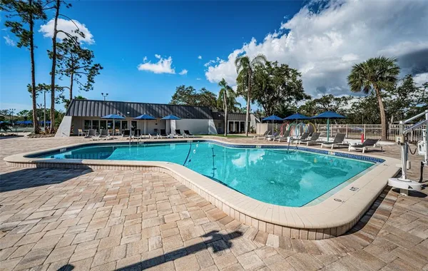 a view of a swimming pool with a garden