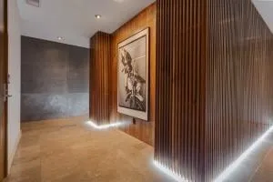 a dining room with furniture water view and pool table