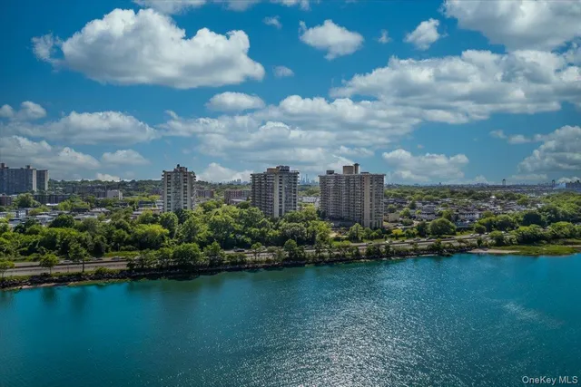 a view of a lake with a city