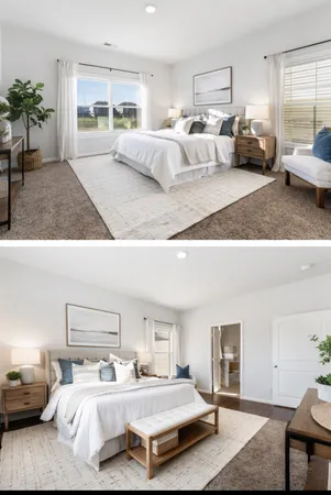a bedroom with furniture and a large window