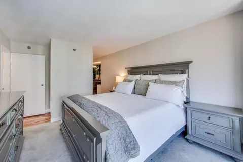 a bedroom with a bed and a cabinets