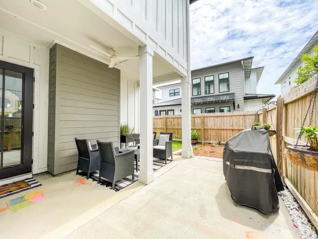 a building outdoor space with patio furniture