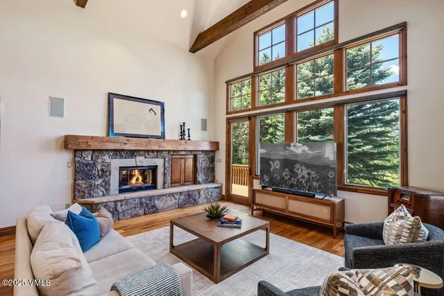 a living room with furniture and a fireplace
