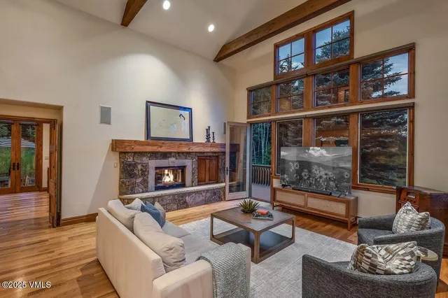 a living room with furniture a rug and a fireplace