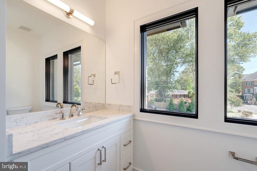5225 Little Falls Road Arlington, VA 22207 - Photo 44 of 60 a bathroom with a granite countertop sink and a large mirror