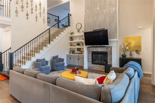 a living room with furniture and a table