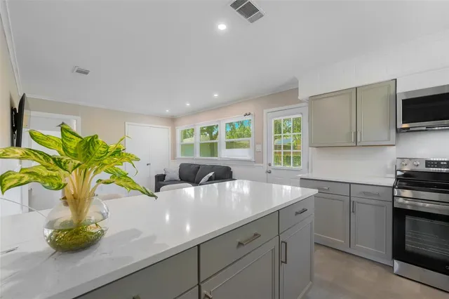 a kitchen with sink a potted plant and a window