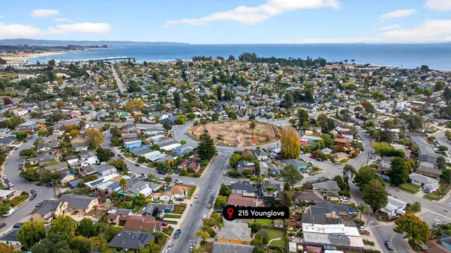 an aerial view of a building with outdoor space