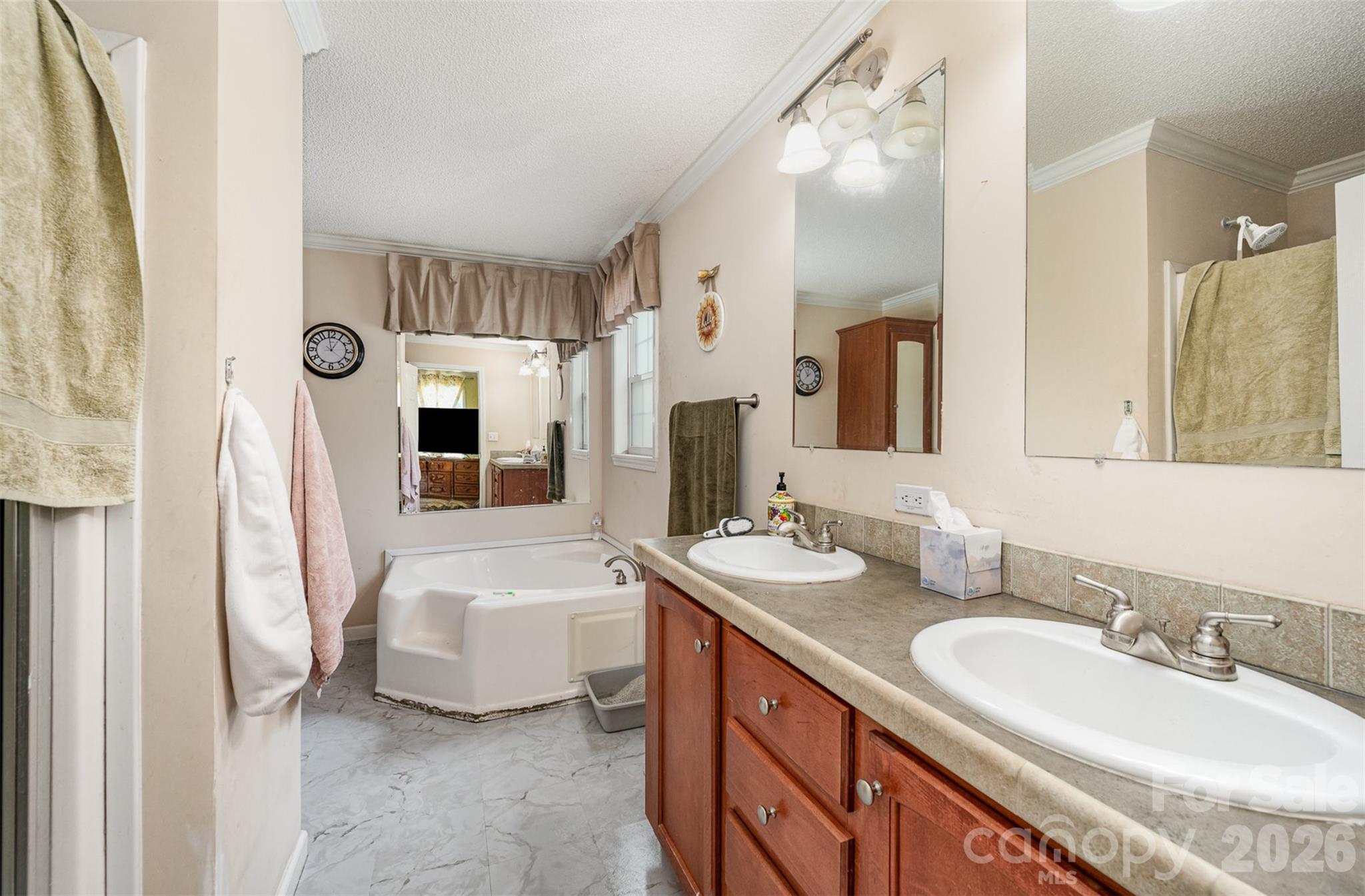 5602 Flint Ridge Marshville, NC 28103 - Photo 20 of 26 a bathroom with a double vanity sink a mirror and a bathtub