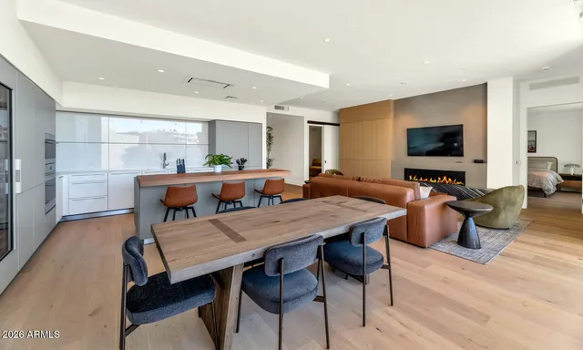a view of a dining room with furniture