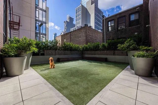 a view of a garden filled with furniture