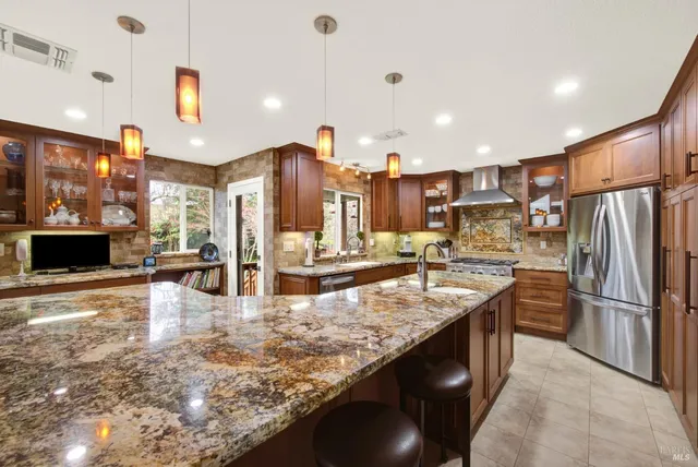 a view of a dining room with furniture