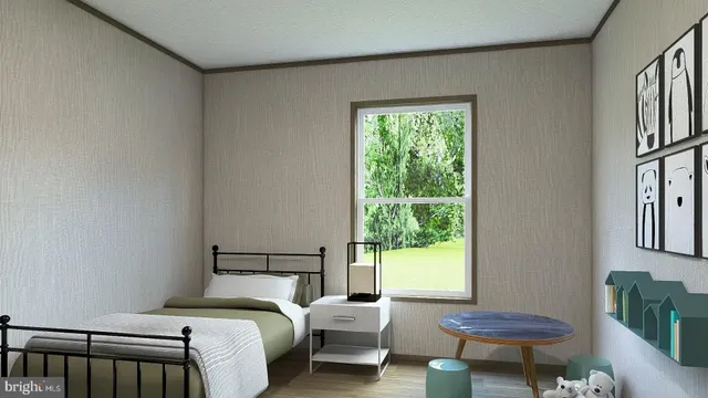 a bedroom with a bed and a window