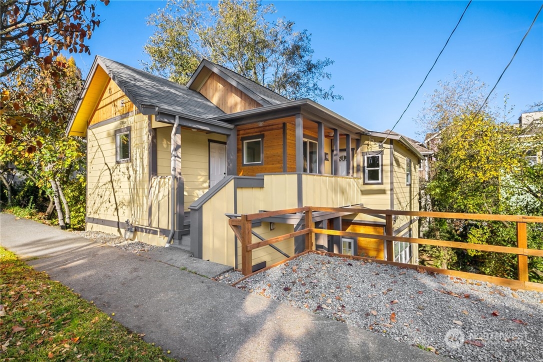 a front view of a house with patio