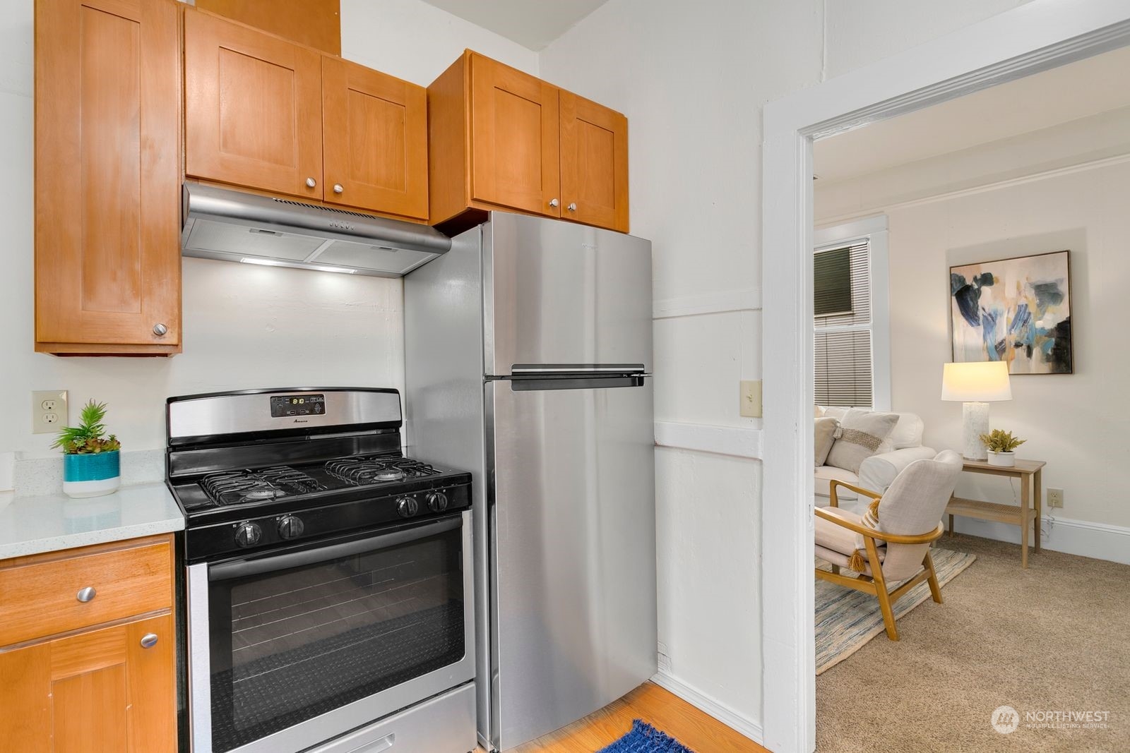 2808 Southwest Genesee Street Seattle, WA 98126 - Photo 9 of 29 a kitchen with stainless steel appliances a stove a refrigerator and cabinets