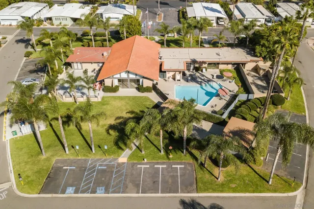 an aerial view of a swimming pool