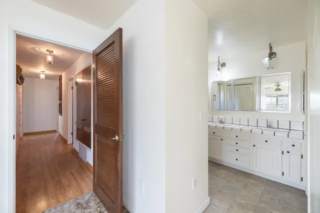 a view of a park with large trees