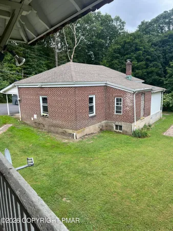 a view of a backyard with plants and large tree