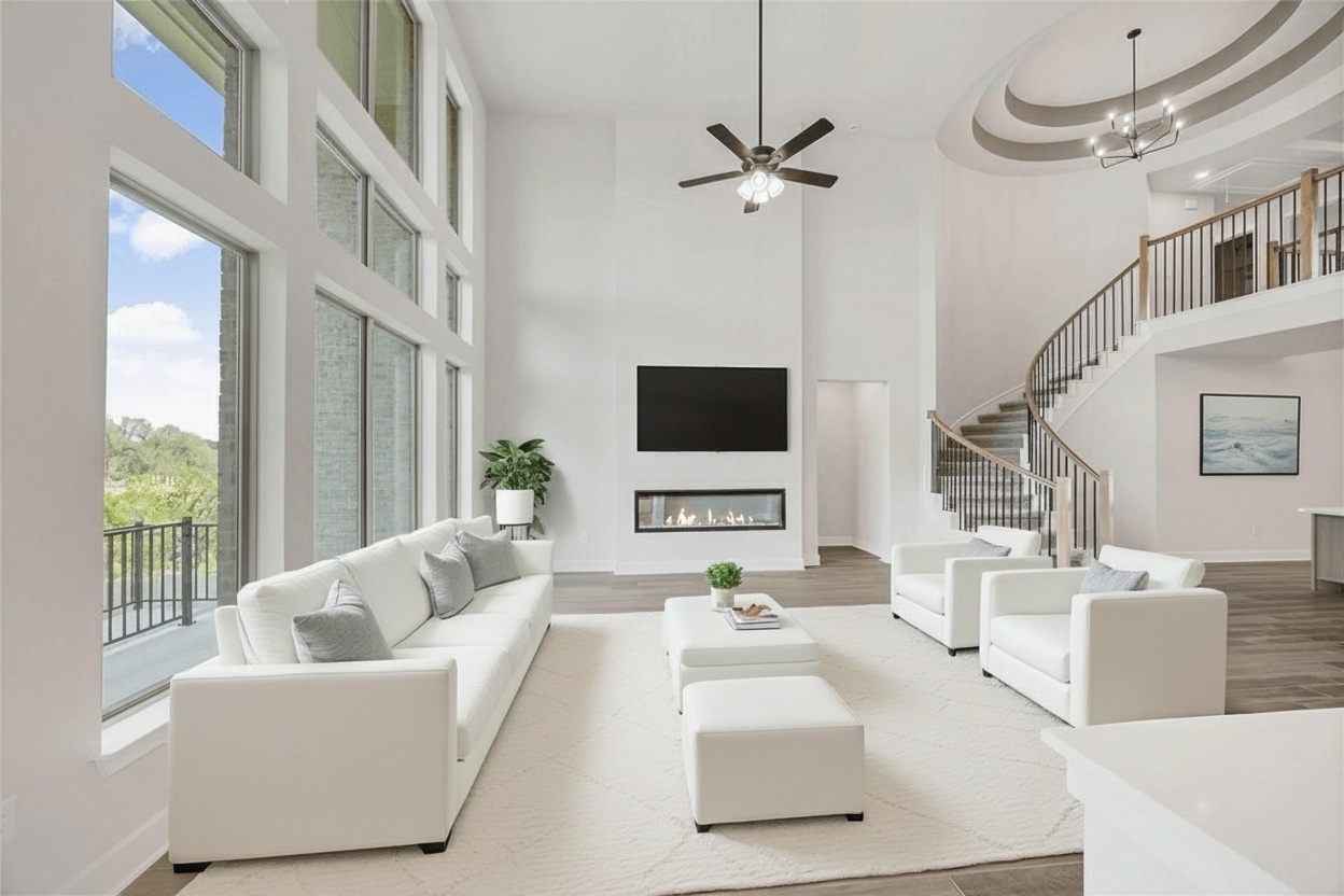 1417 Rodeo Ridge Drive Georgetown, TX 78628 - Photo 4 of 37 Living area with a fireplace, ceiling fan, a towering ceiling, plenty of natural light, and stairway