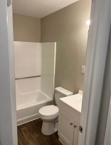 a bathroom with a toilet and a bathtub