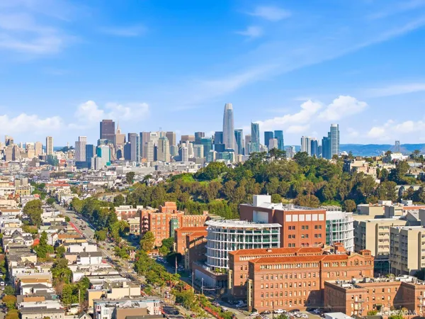 a city view with tall buildings