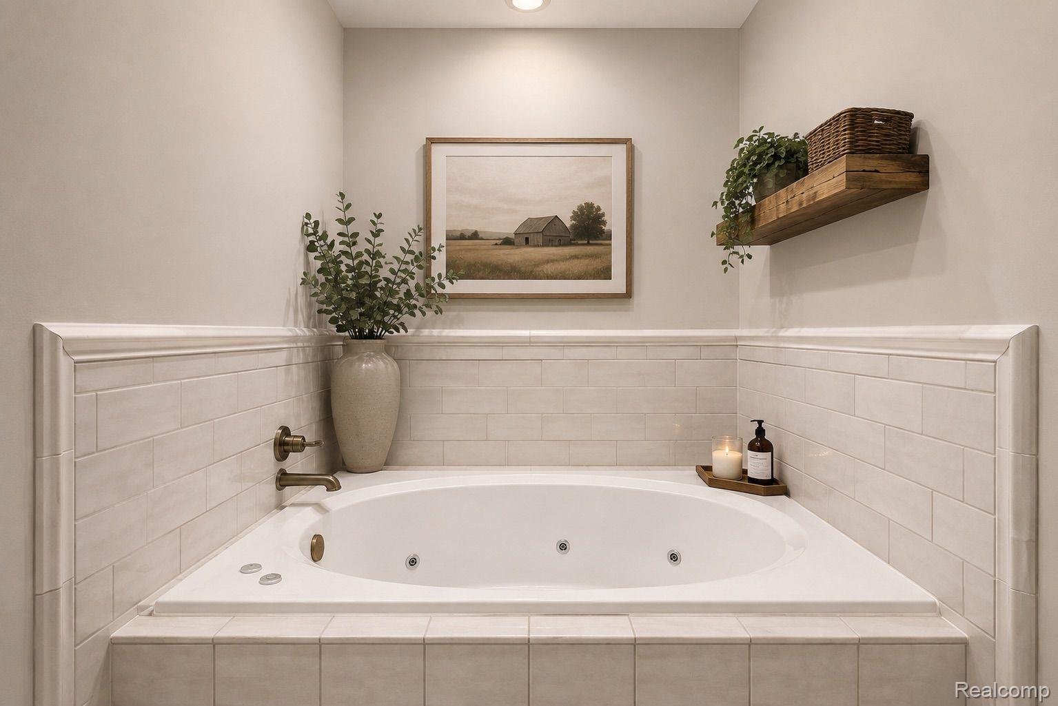 76565 McFadden Road Armada, MI 48005 - Photo 32 of 95 Built-in corner soaking tub with integrated jets, tiled surround, and brass-finish fixtures
