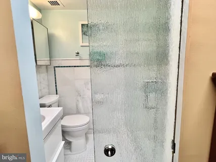 a bathroom with a shower and a toilet