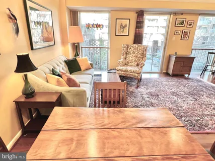 a living room with furniture and a rug