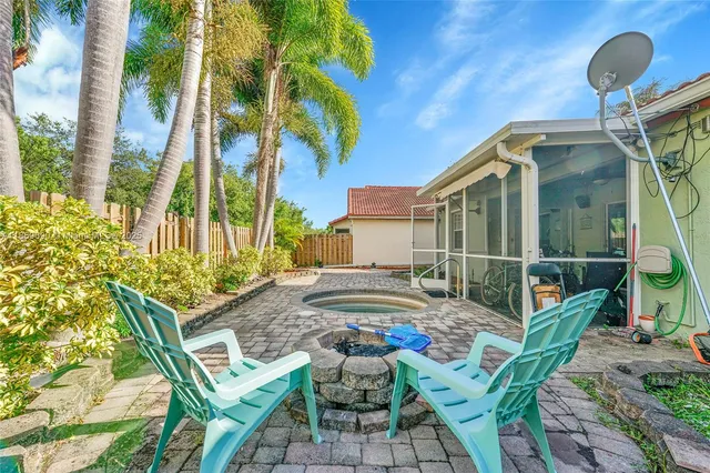 a garden view with a seating space