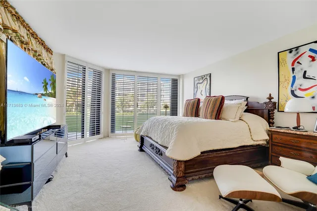a spacious bedroom with a bed and glass window