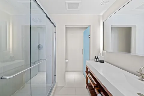 a bathroom with a double vanity sink a toilet and shower