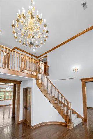a view of a porch with a chandelier